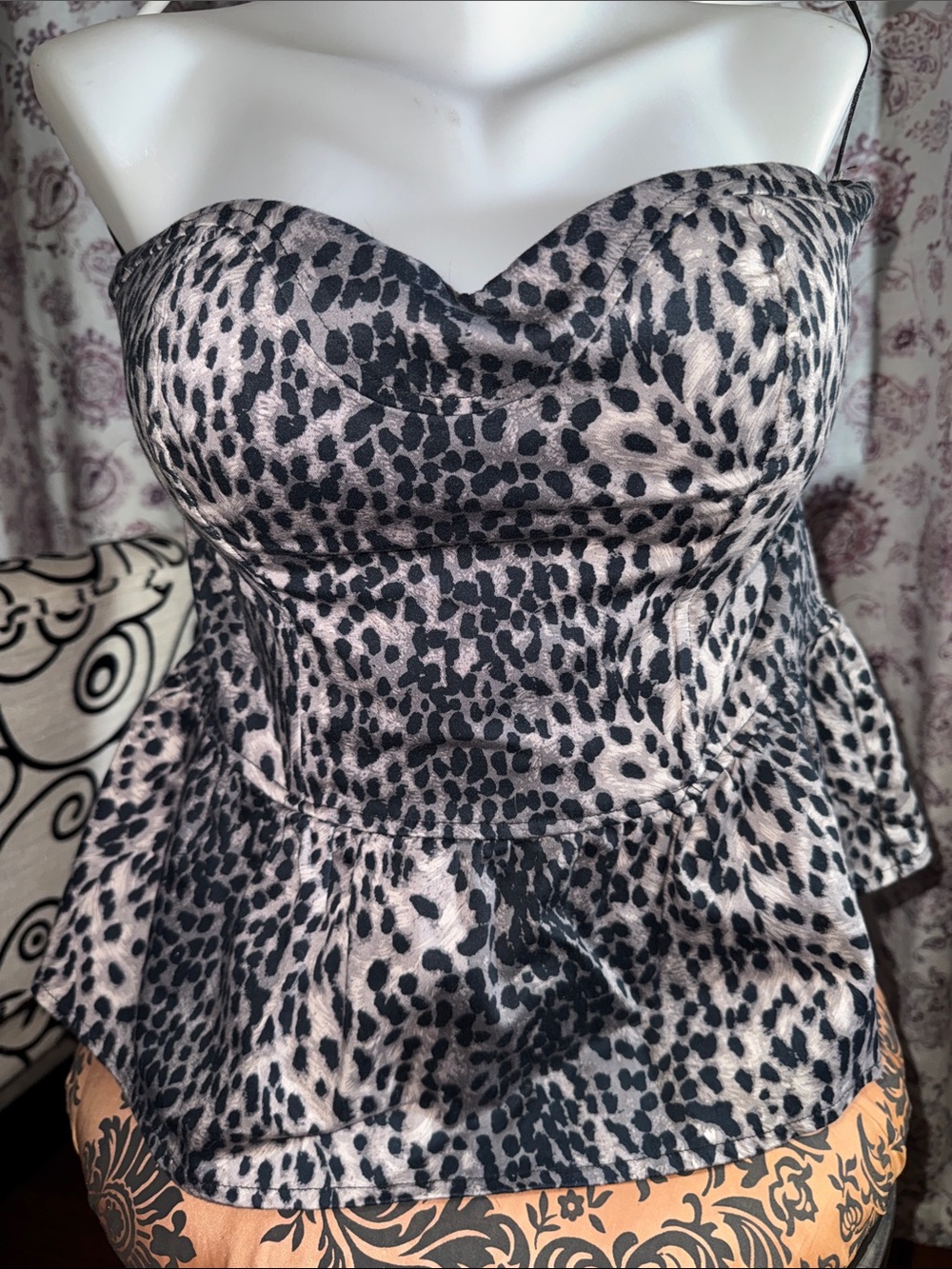 Strapless Animal Print Peplum top in Black and grey